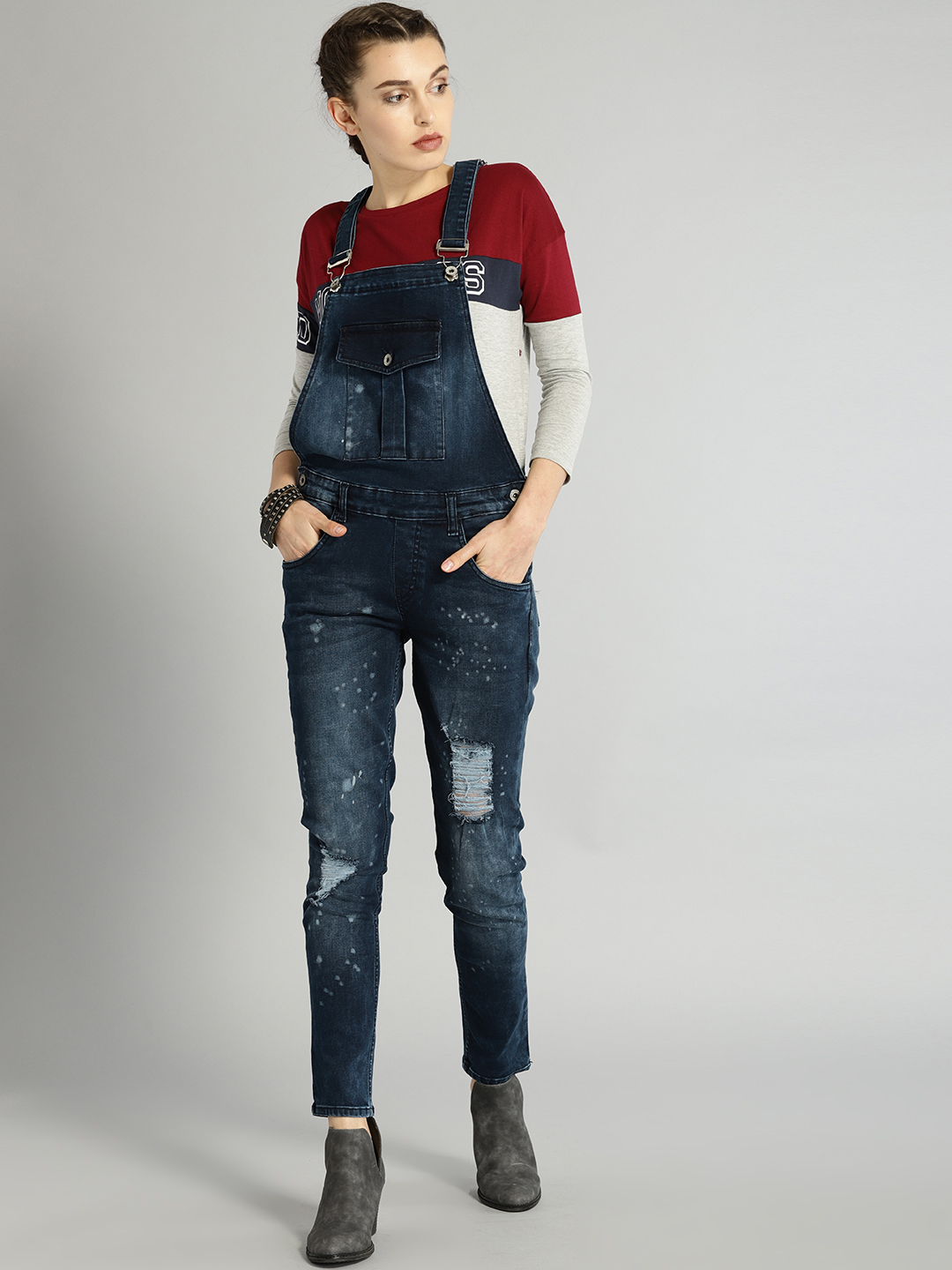 Roadster Time Travlr Women Blue Mildly Distressed Denim Dungarees Price in India