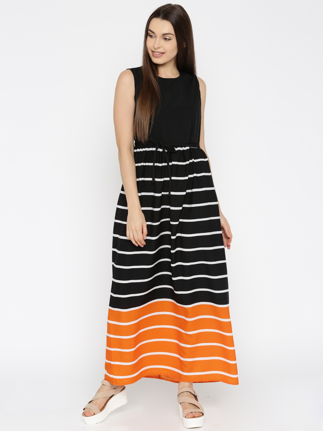HERE&NOW Black & Orange Striped Maxi Dress Price in India