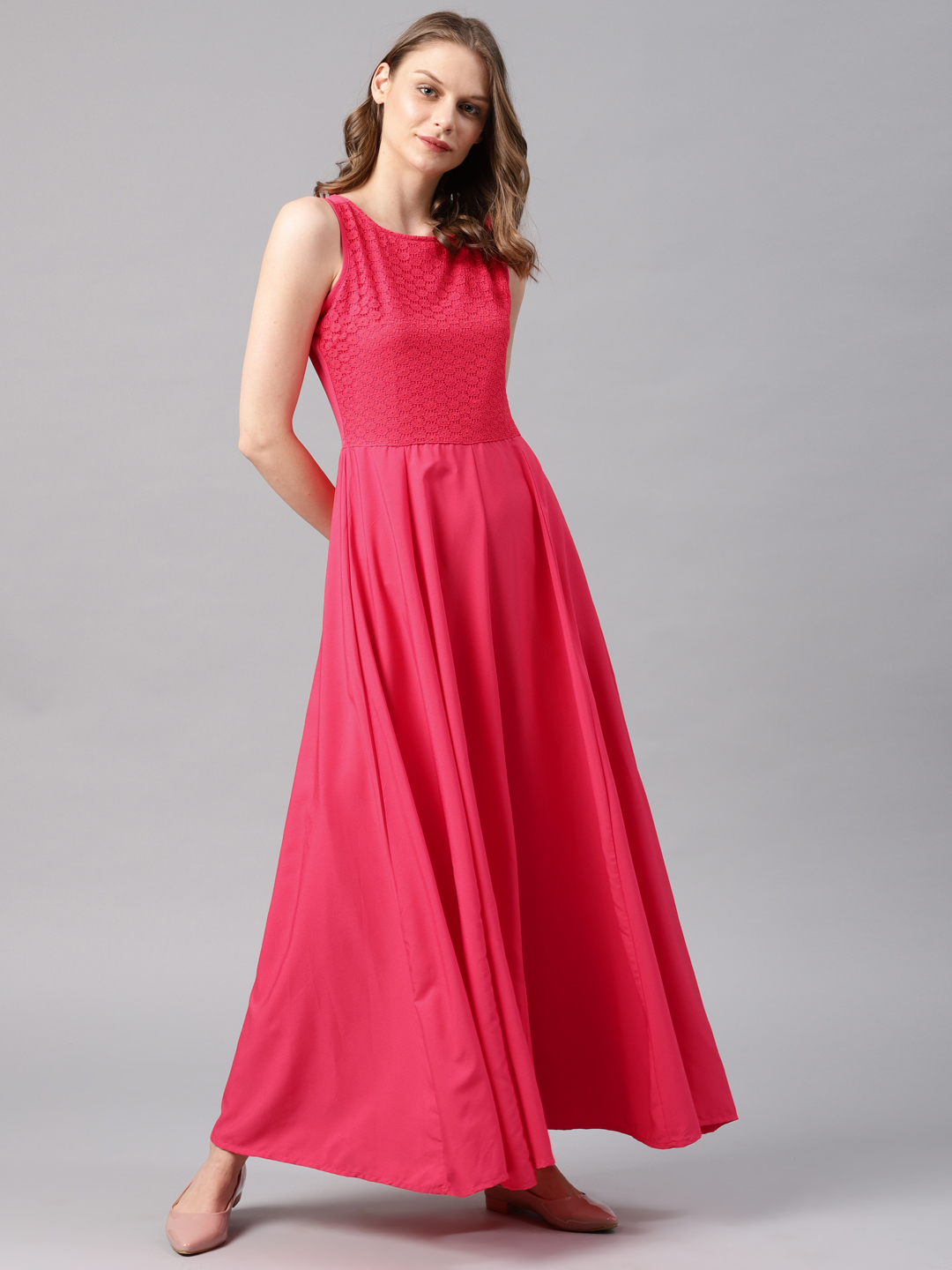 Tokyo Talkies Women Coral Pink Self-Design Maxi Dress Price in India