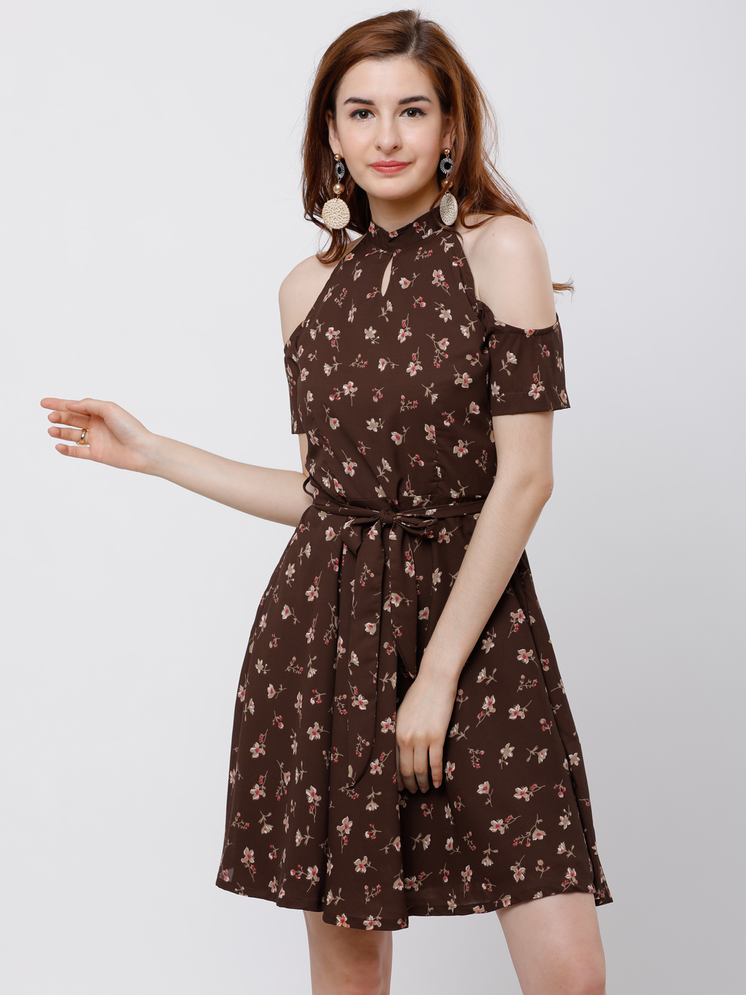 Tokyo Talkies Women Brown Printed Fit and Flare Dress Price in India