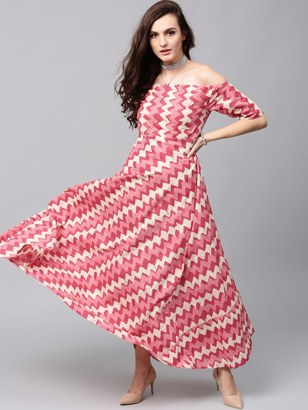 AKS Women Pink & Cream-Coloured Printed Off-Shoulder Maxi Dress Price in India