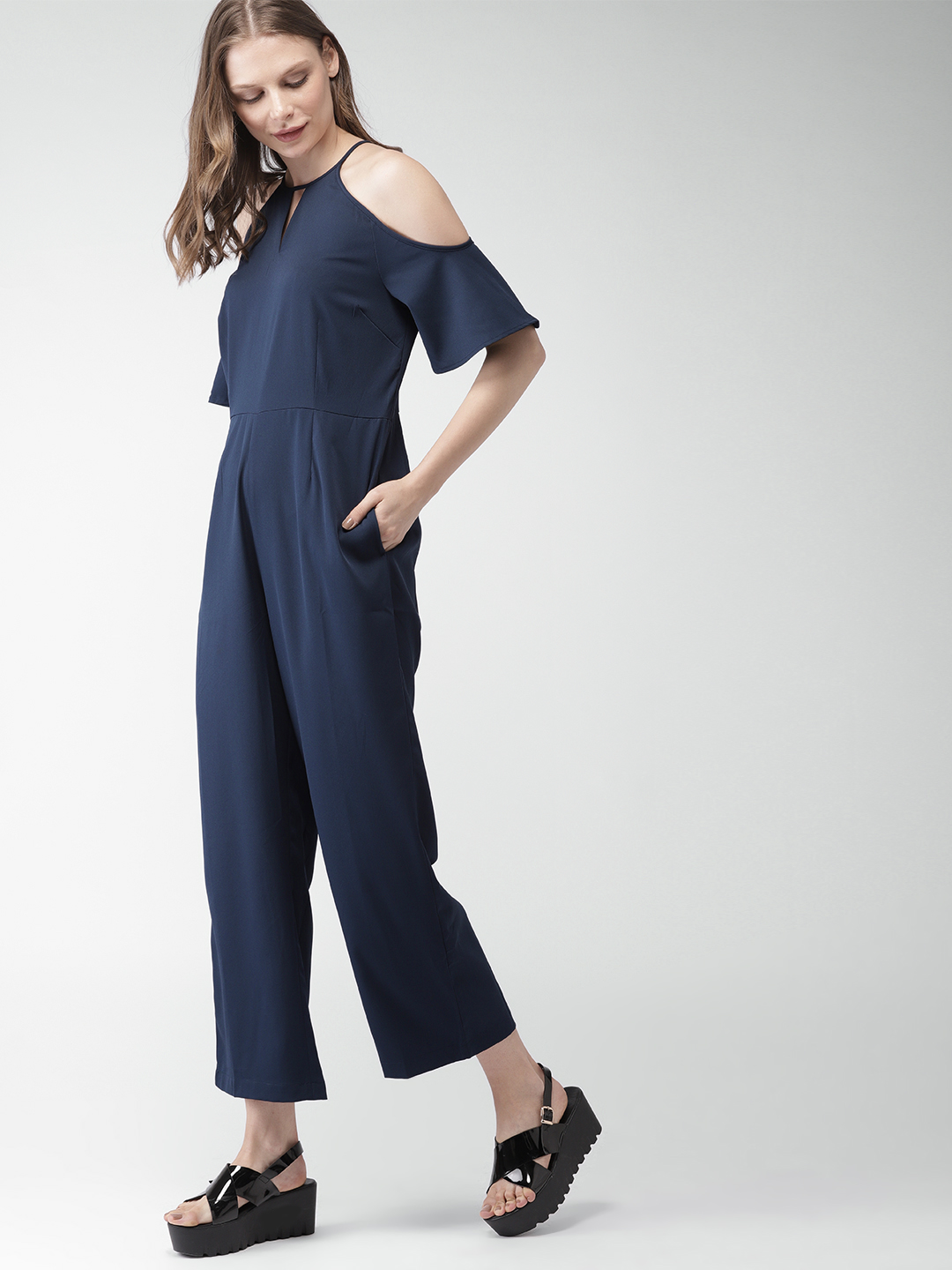Mast & Harbour Navy Blue Solid Basic Jumpsuit Price in India