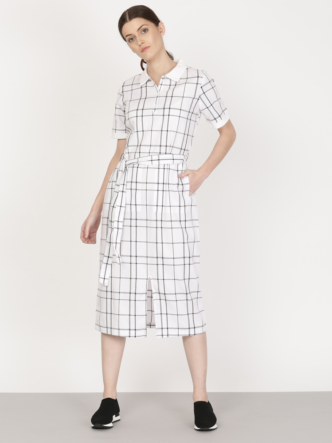 ether Women White & Black Checked Shirt Dress Price in India