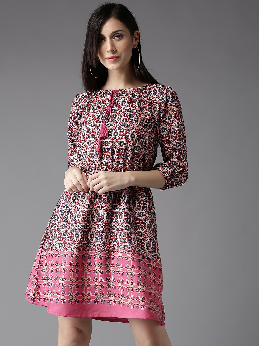 HERE&NOW Women Pink Ethnic Print Fit and Flare Dress Price in India