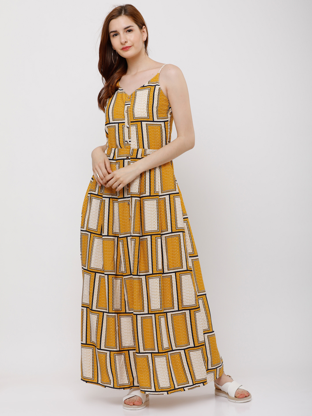 Tokyo Talkies Women Mustard & White Printed Maxi Dress Price in India