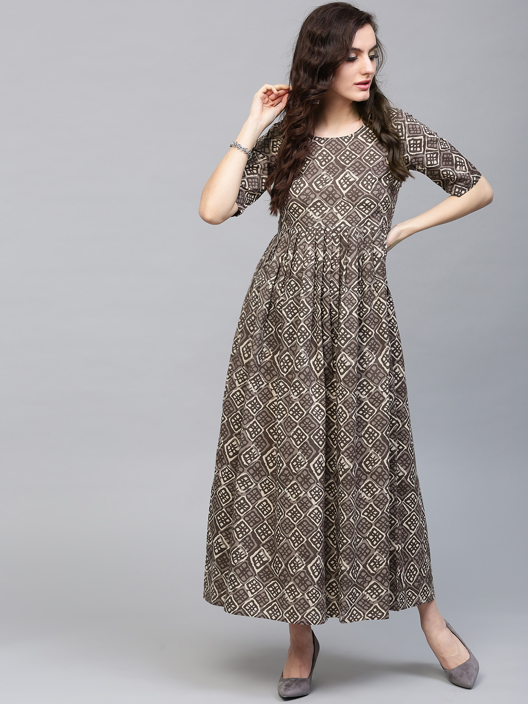 AKS Women Grey Printed Maxi Dress with Gathers Price in India