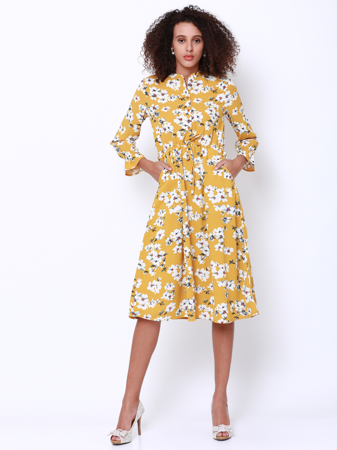 Tokyo Talkies Women Mustard Printed Fit and Flare Dress Price in India