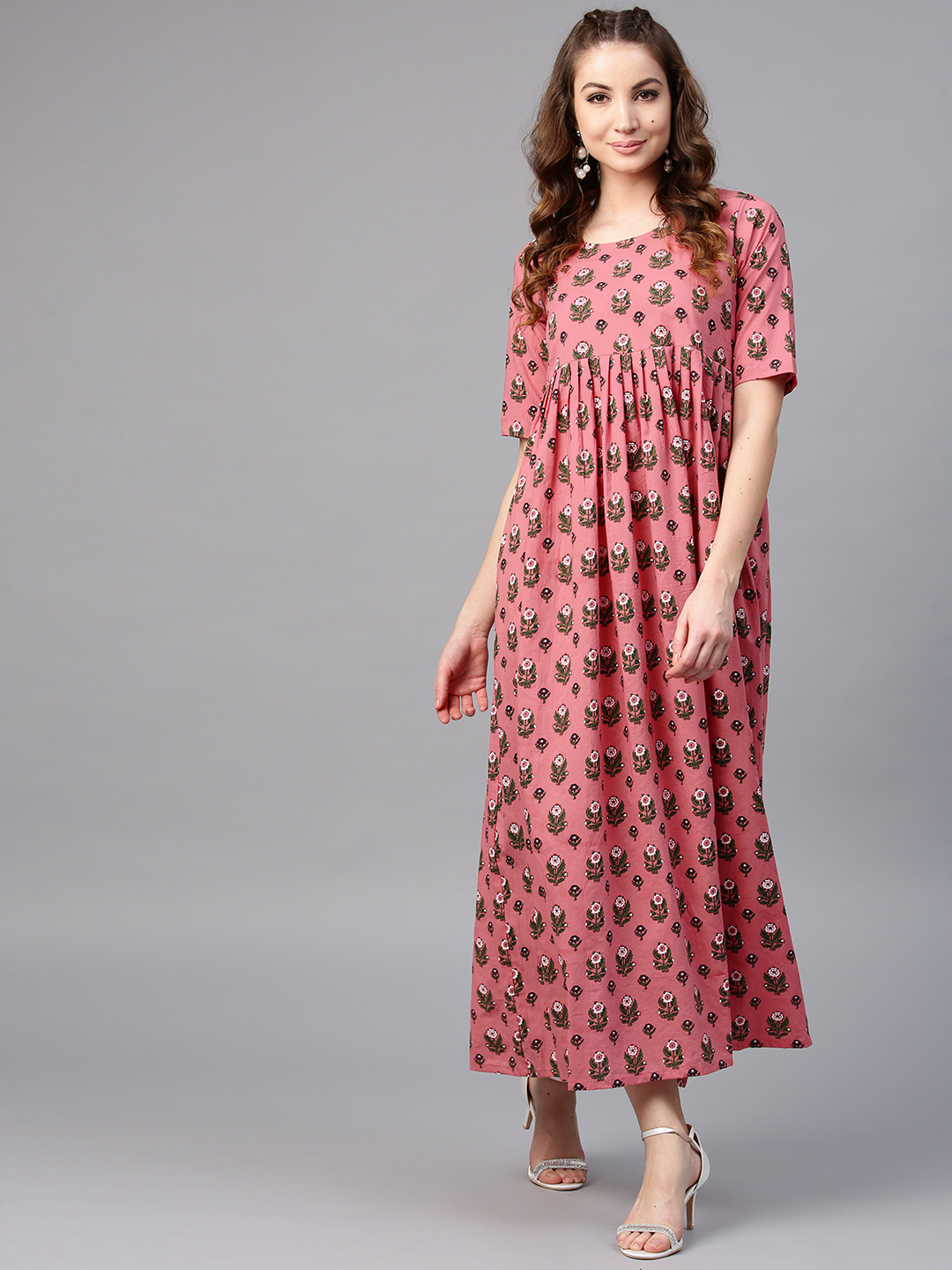AKS Women Coral Pink & Green Printed Maxi Dress Price in India