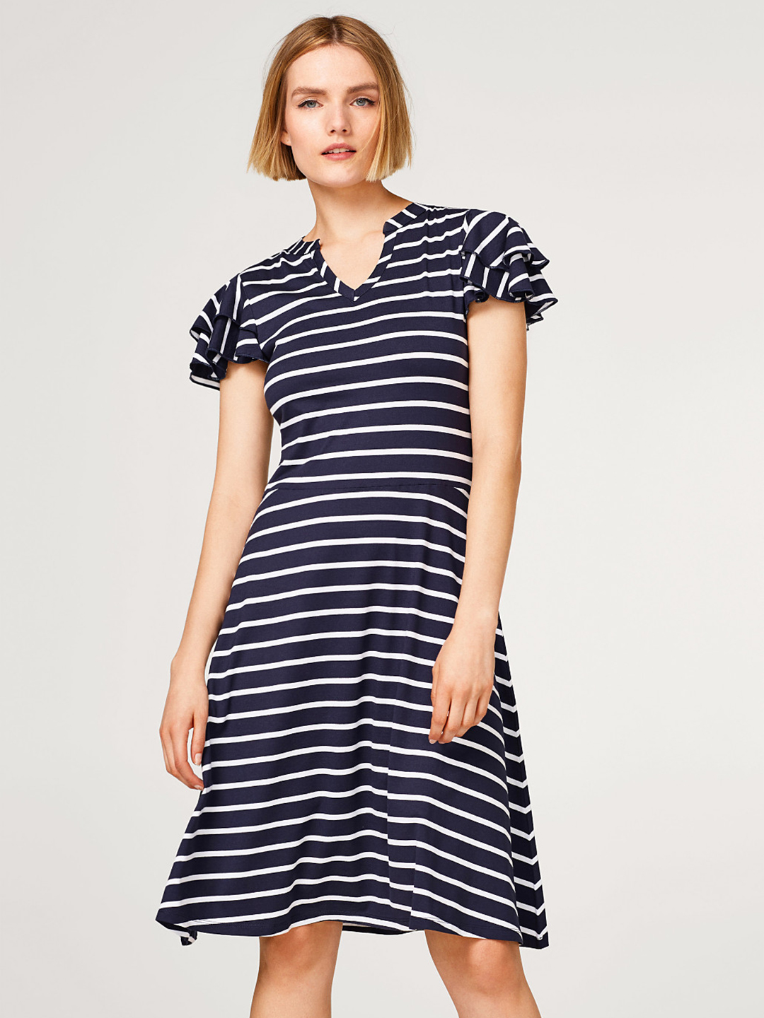 ESPRIT Women Navy Blue & White Striped Fit and Flare Dress Price in India