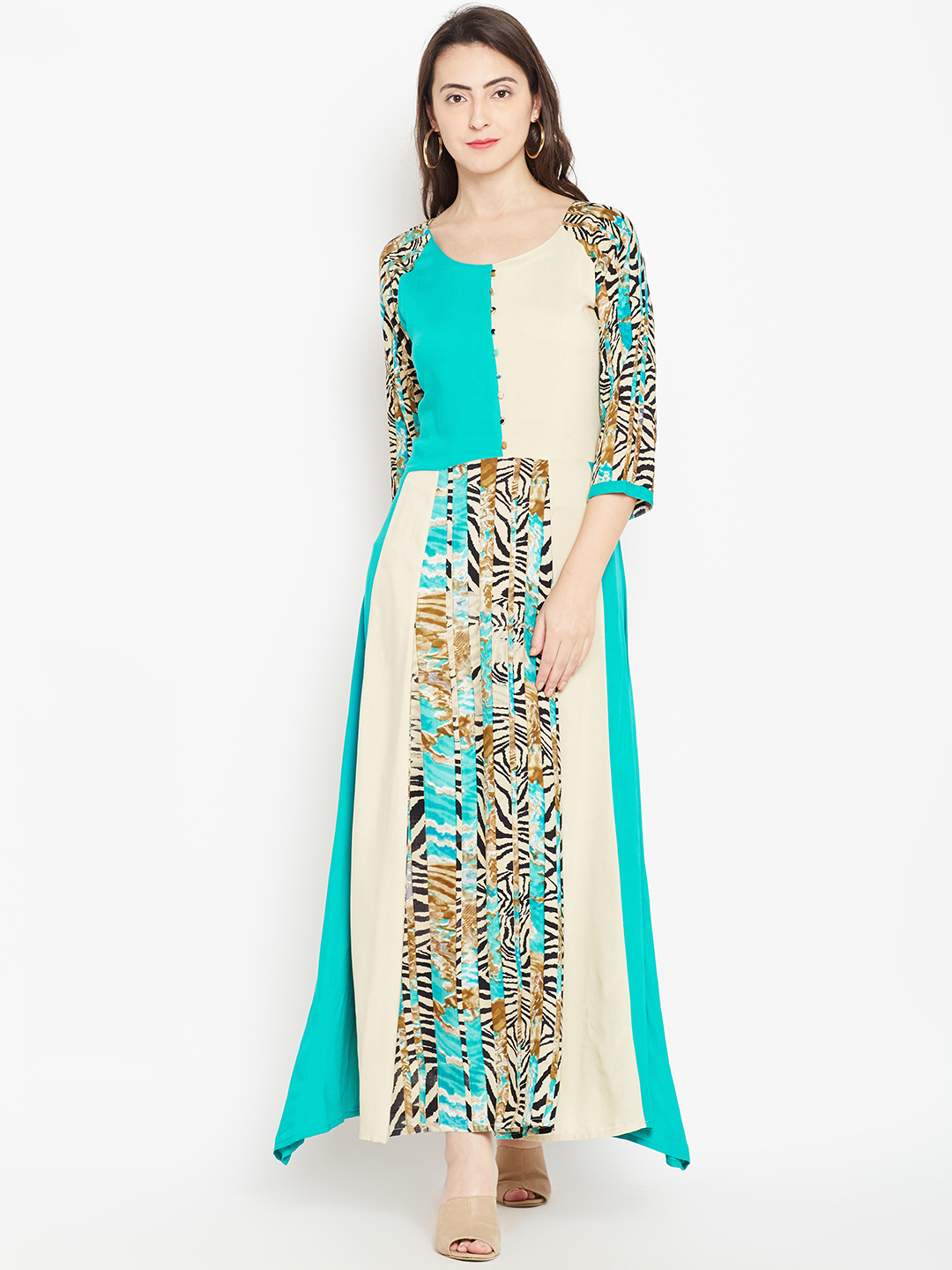 Shree Women Sea Green & Beige Printed Maxi Dress Price in India