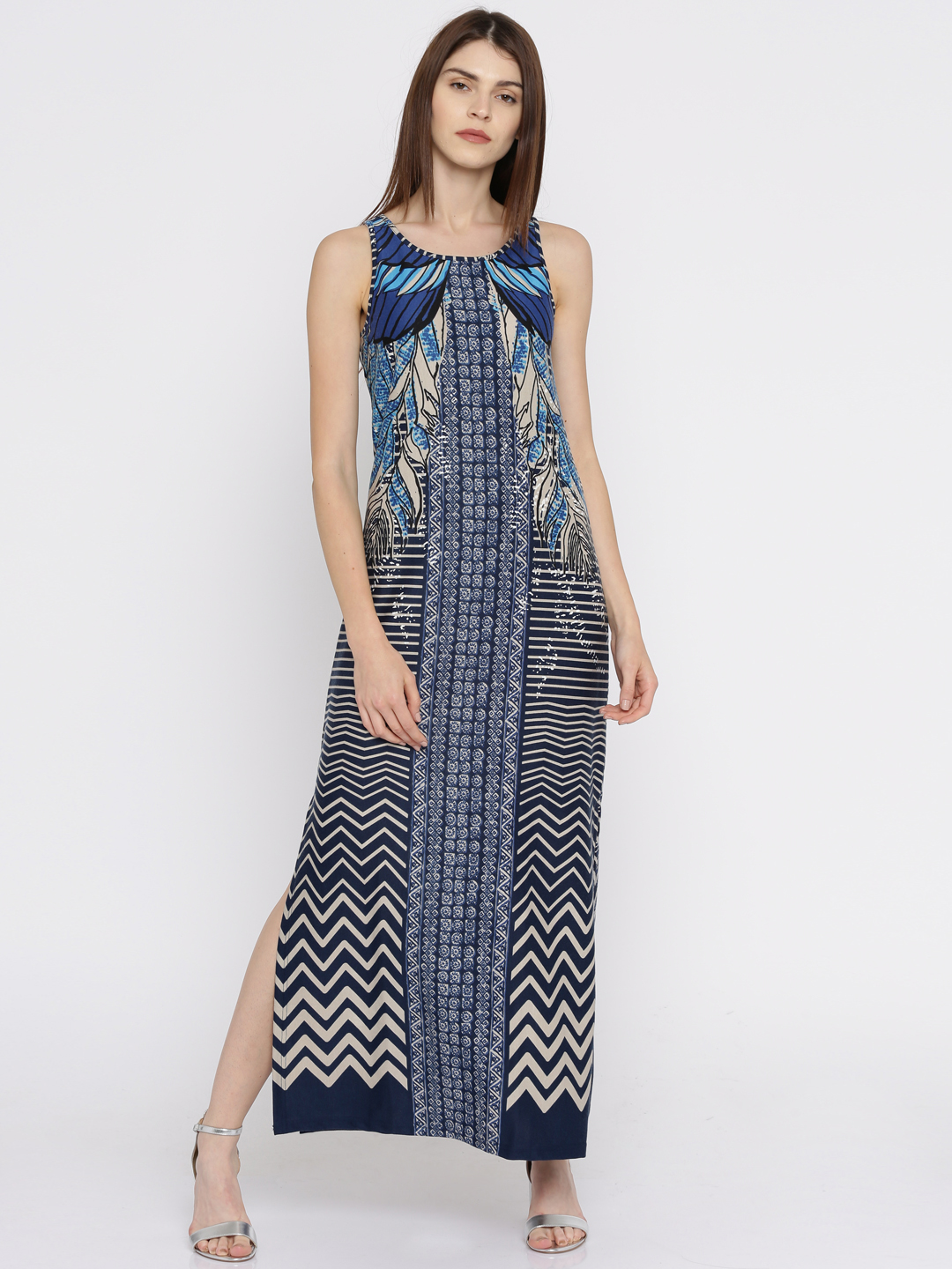 Global Desi Women Blue Printed Maxi Dress Price in India