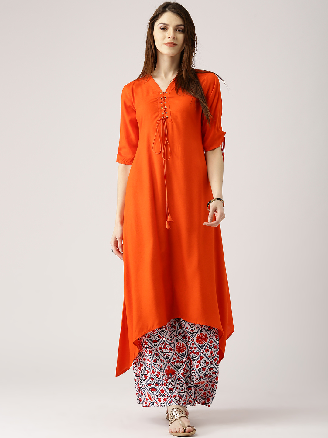 Libas Women Orange & White Solid A-Line Kurta with Palazzos Price in India