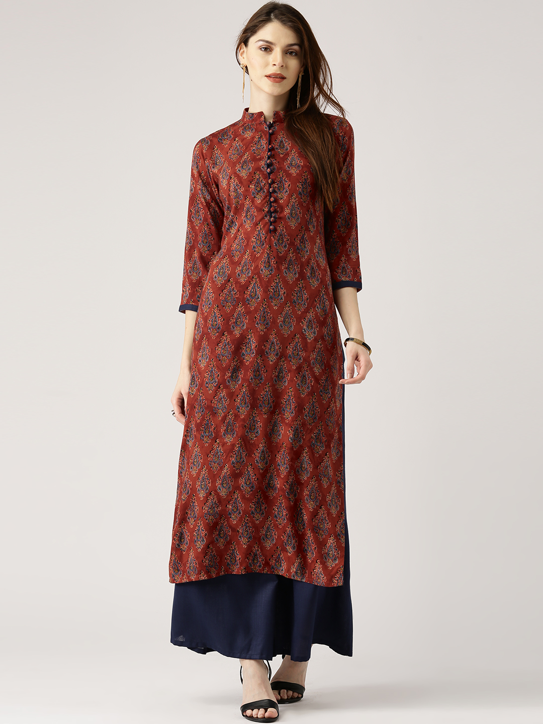 Libas Women Rust Red & Navy Blue Printed Kurta with Palazzos Price in India