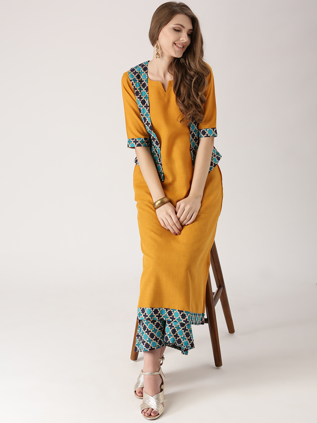 Libas Women Mustard Yellow Solid Kurta with Palazzos & Printed Ethnic Jacket Price in India