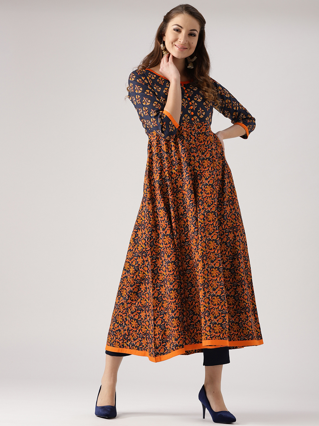 Libas Women Navy Blue & Orange Printed Empire Anarkali Kurta Price in India