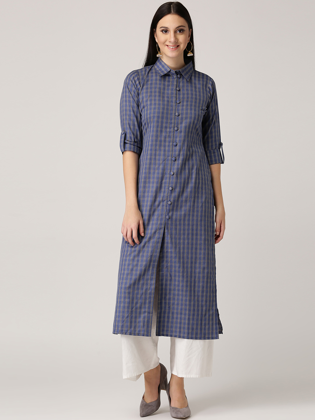 Libas Women Blue & Beige Checked Straight Kurta Price in India