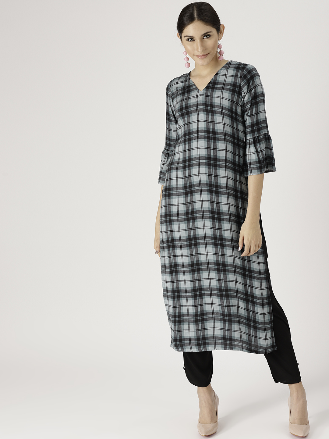 Libas Women Blue & Grey Checked Kurta with Trousers Price in India