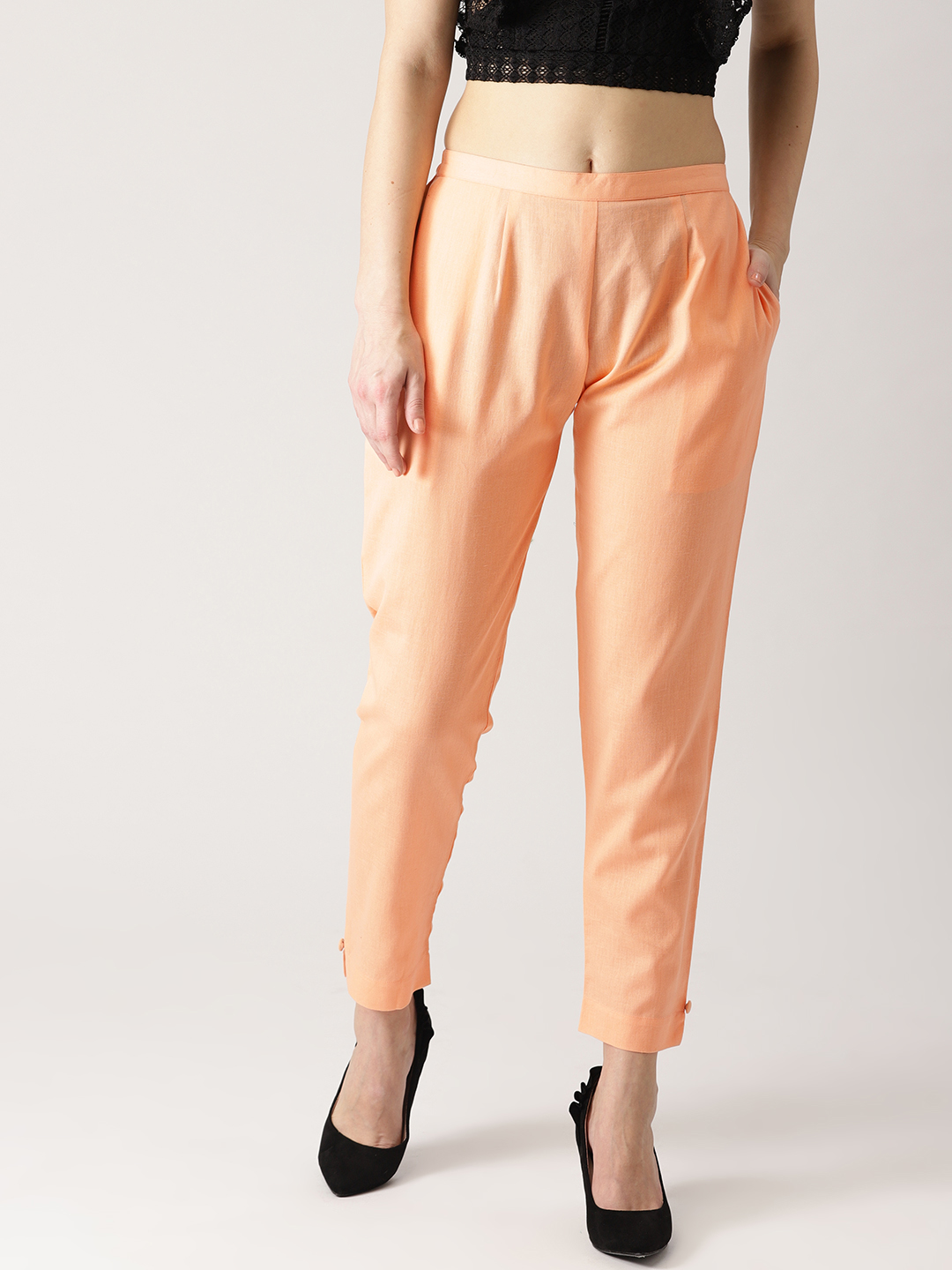 Libas Women Peach-Coloured Regular Fit Solid Regular Trousers Price in India