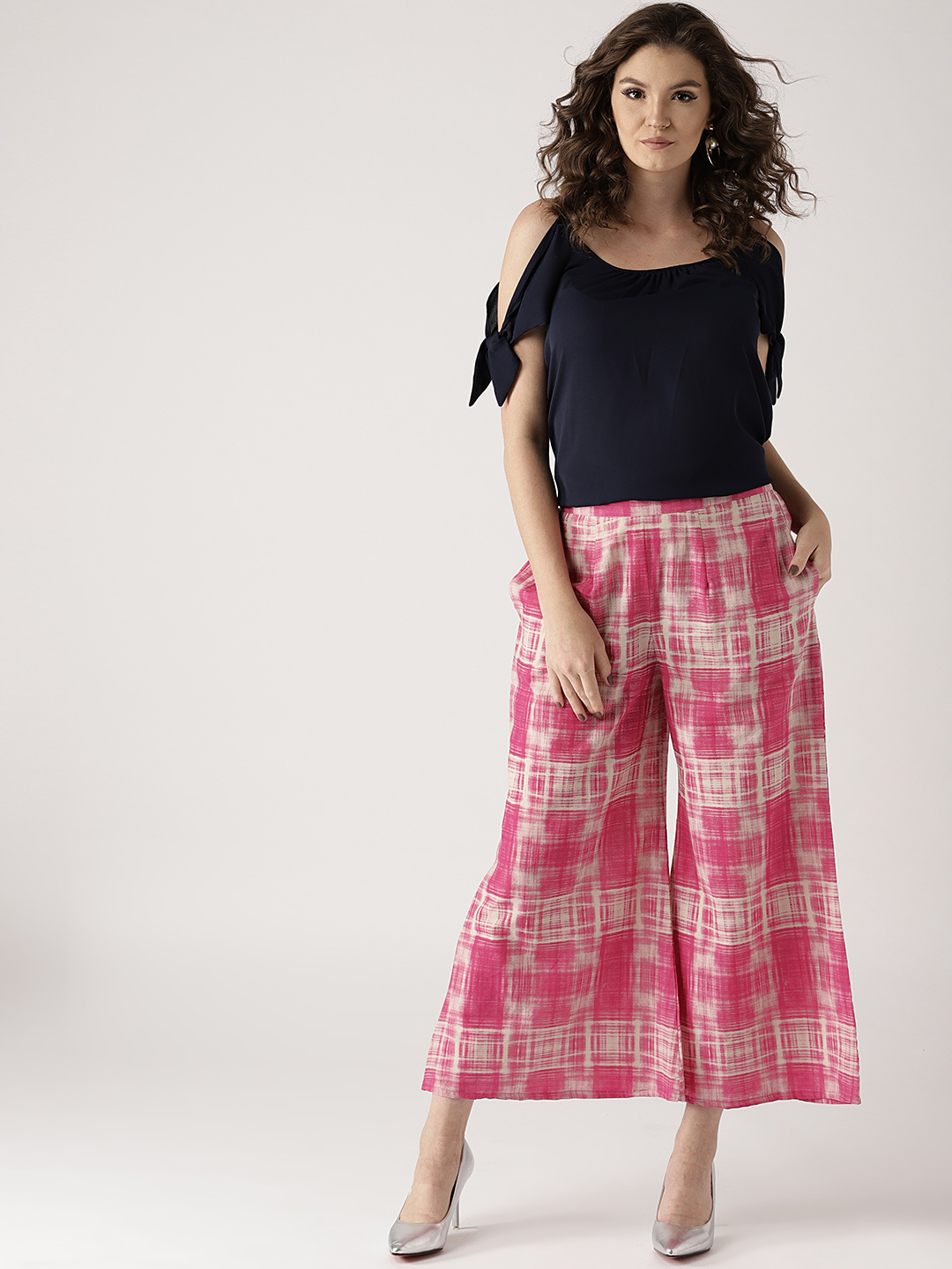 Libas Women Pink & Beige Checked Wide Leg Palazzos Price in India