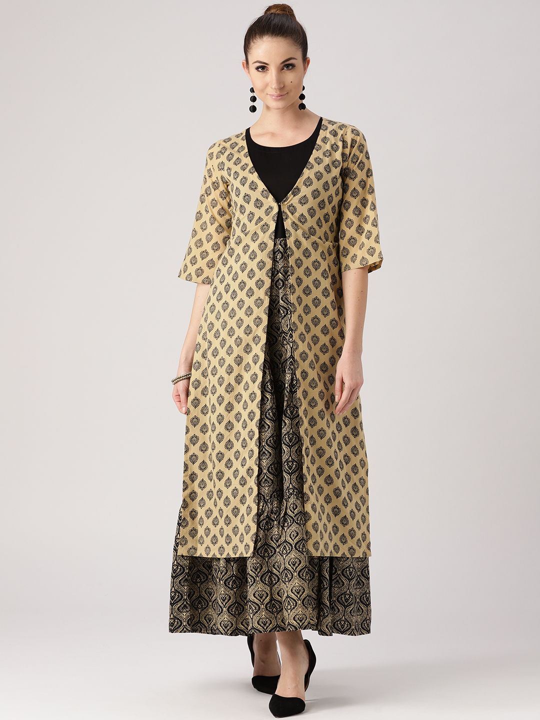 Libas Women Beige & Black Printed Anarkali Layered Kurta Price in India