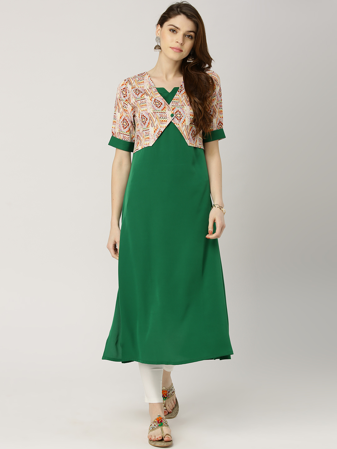 Libas Women Green & Beige Solid A-Line Kurta with Attached Printed Ethnic Jacket Price in India