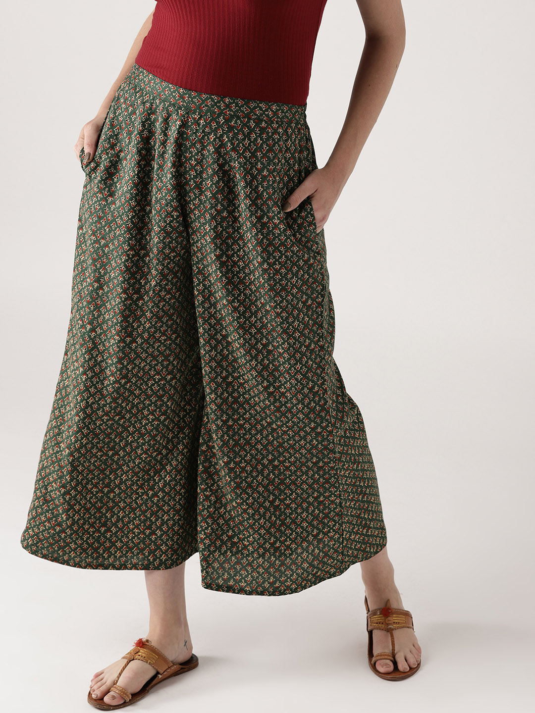 Libas Women Green & Maroon Printed Wide Leg Cropped Palazzos Price in India