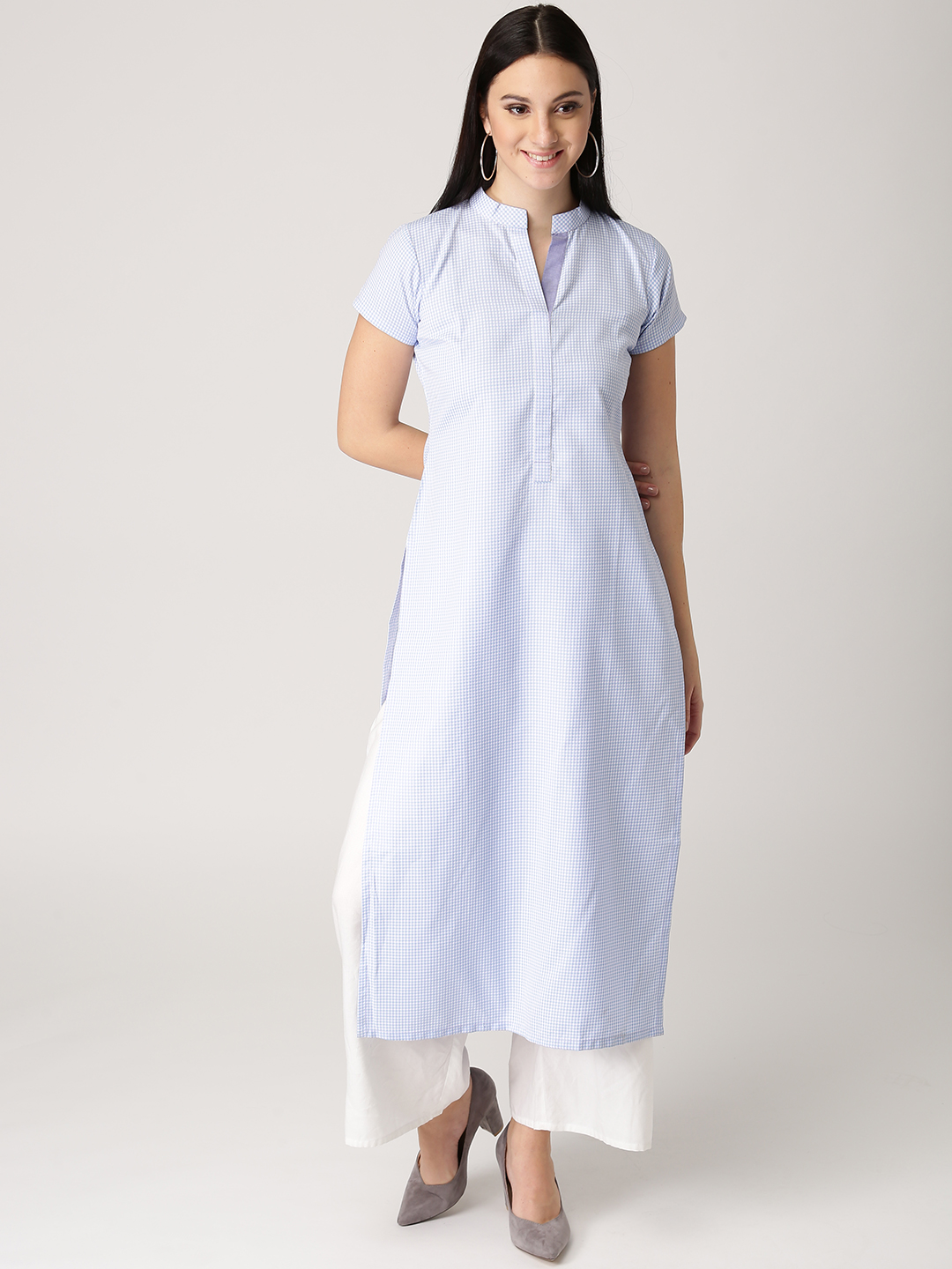 Libas Women Blue & White Checked Straight Kurta Price in India