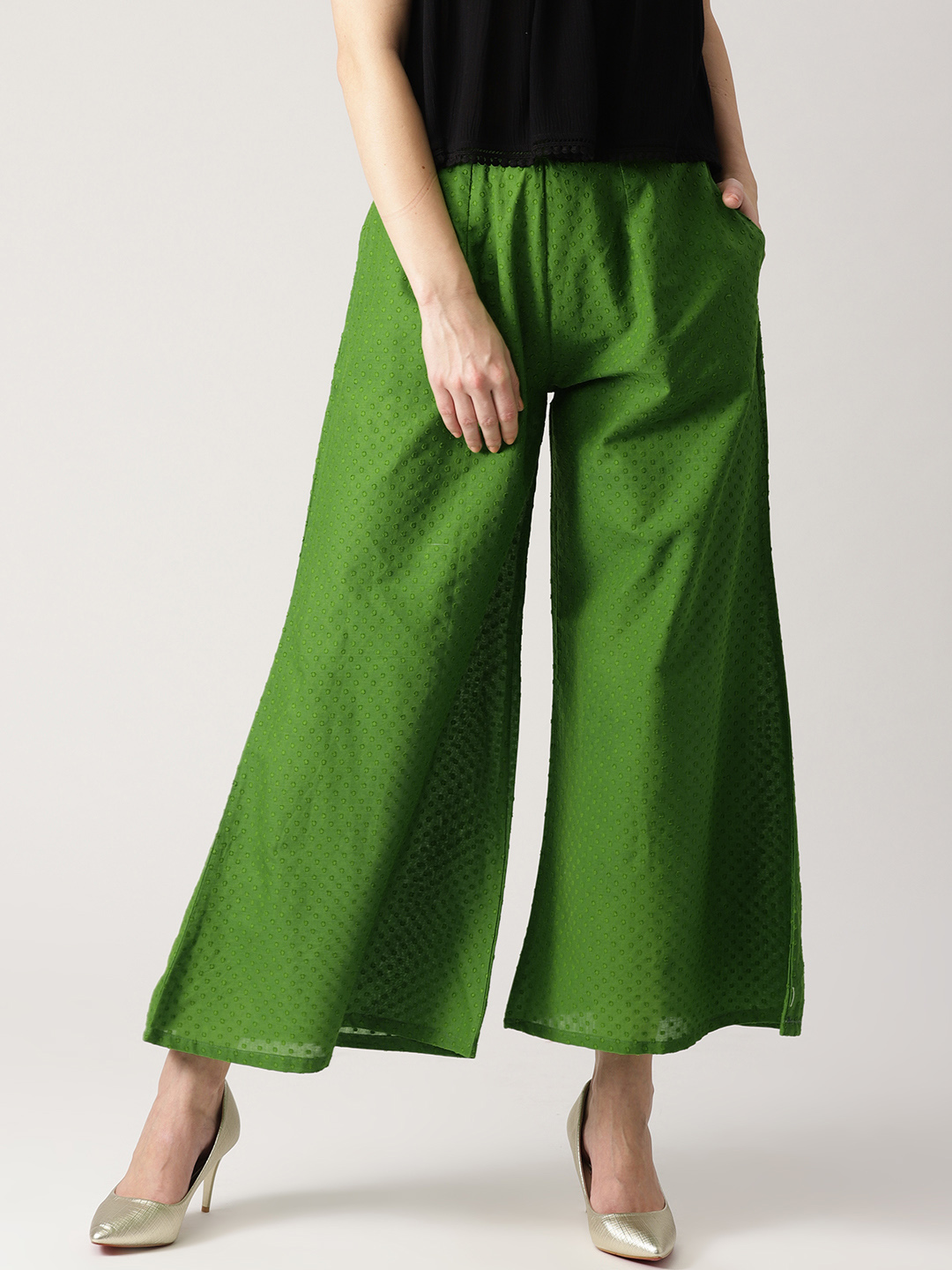 Libas Women Green Flared Self Design Palazzos Price in India