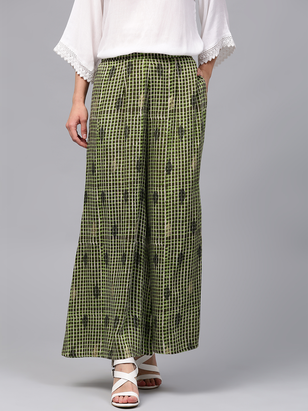 Libas Women Green & Off-White Checked Flared Palazzos Price in India