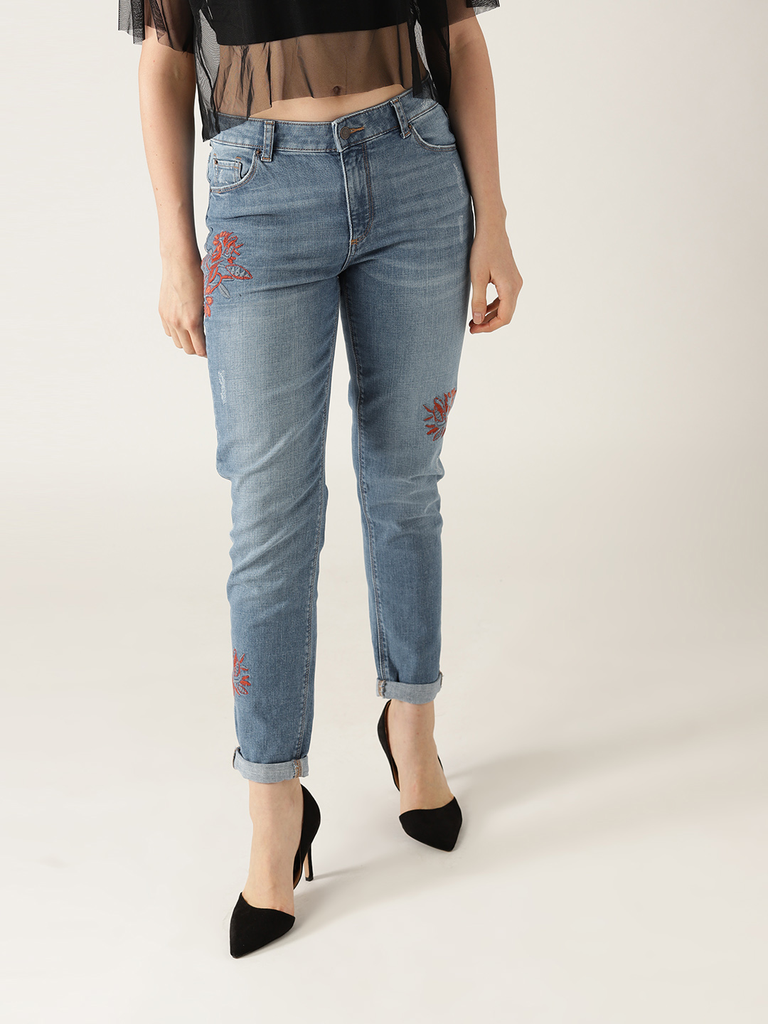 ESPRIT Women Blue Regular Fit Mid-Rise Low Distress Stretchable Jeans Price in India