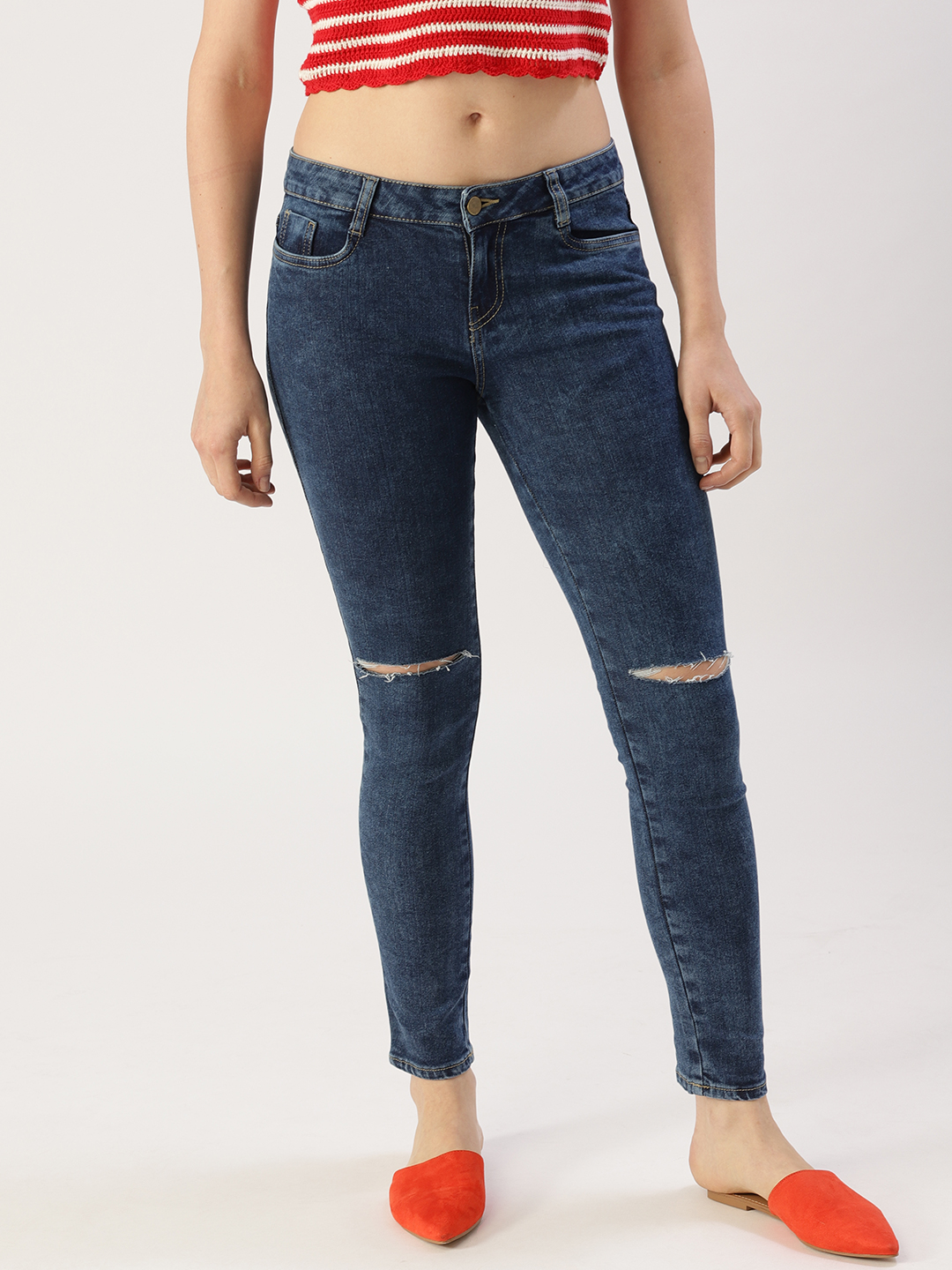 DressBerry Women Blue Skinny Fit Mid-Rise Slash Knee Stretchable Jeans Price in India