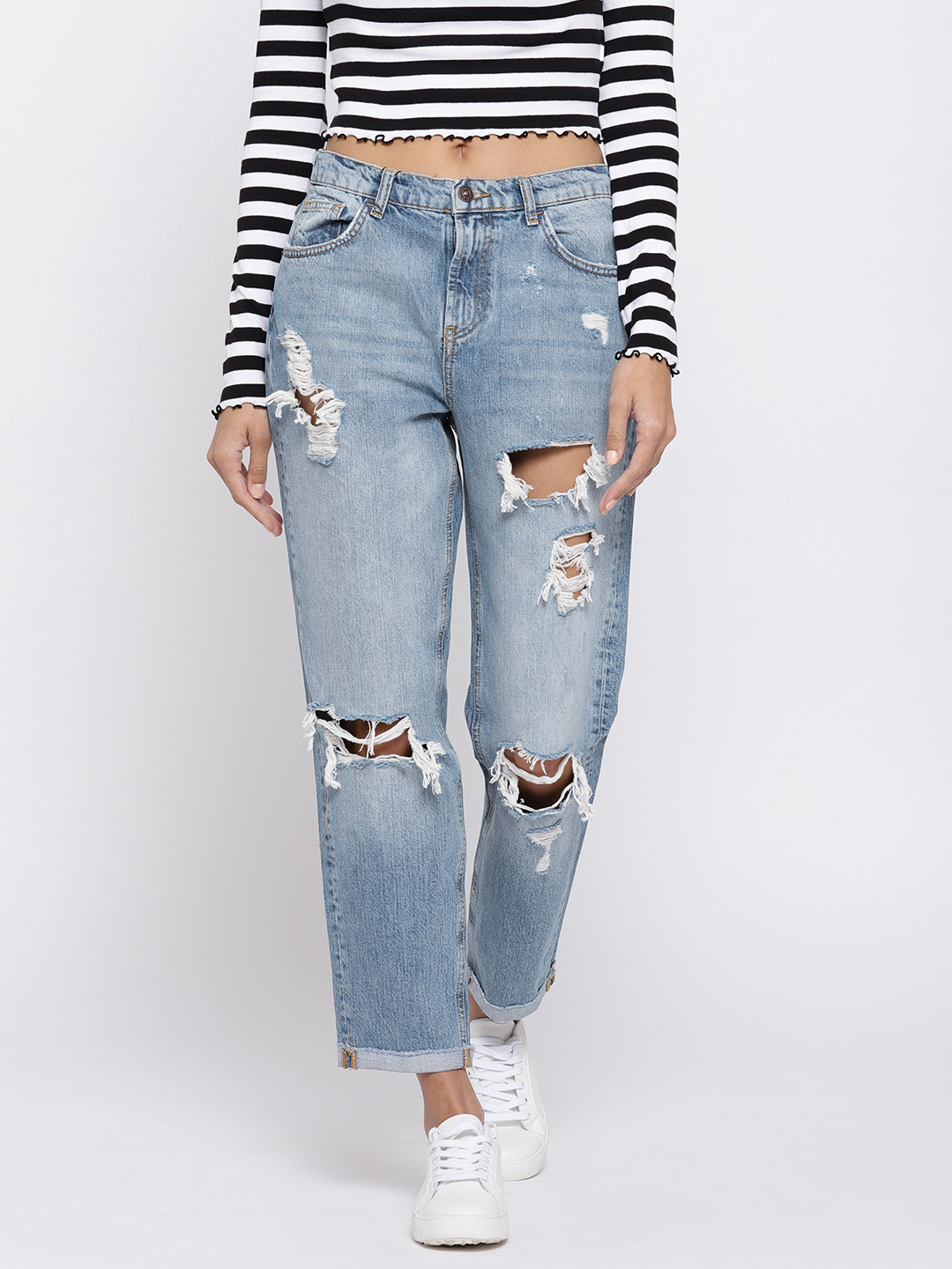 Vero Moda Women Blue Straight Fit Mid-Rise Highly Distressed Jeans Price in India