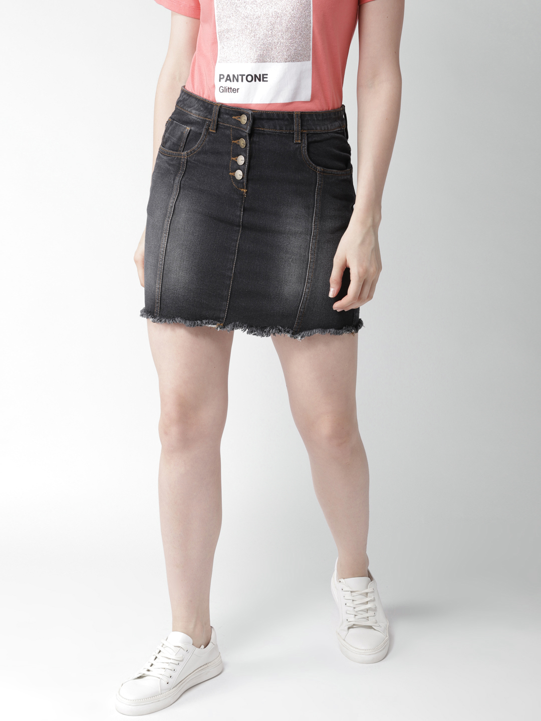 Mast & Harbour Black Washed A-Line Denim Skirt Price in India