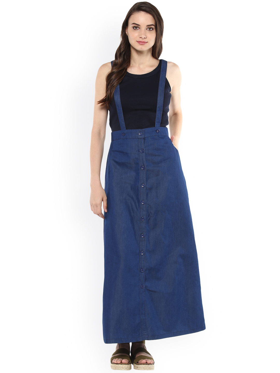 StyleStone Women Blue Denim Maxi Pinafore Skirt Price in India