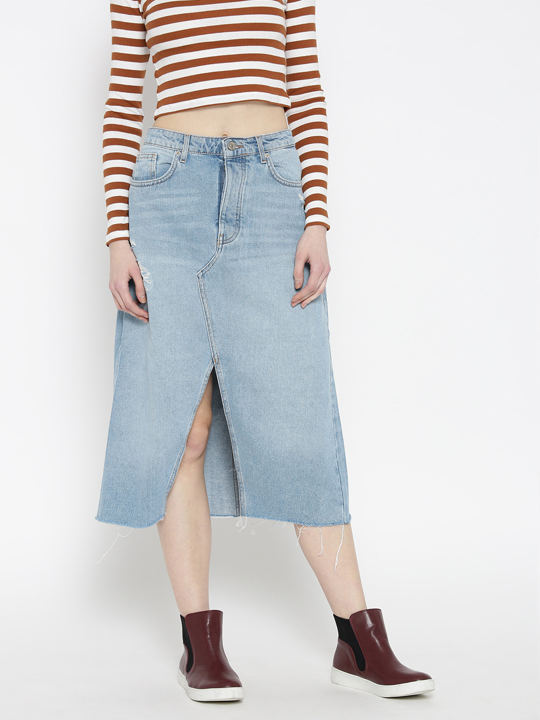 FOREVER 21 Blue Denim Midi A-Line Skirt Price in India