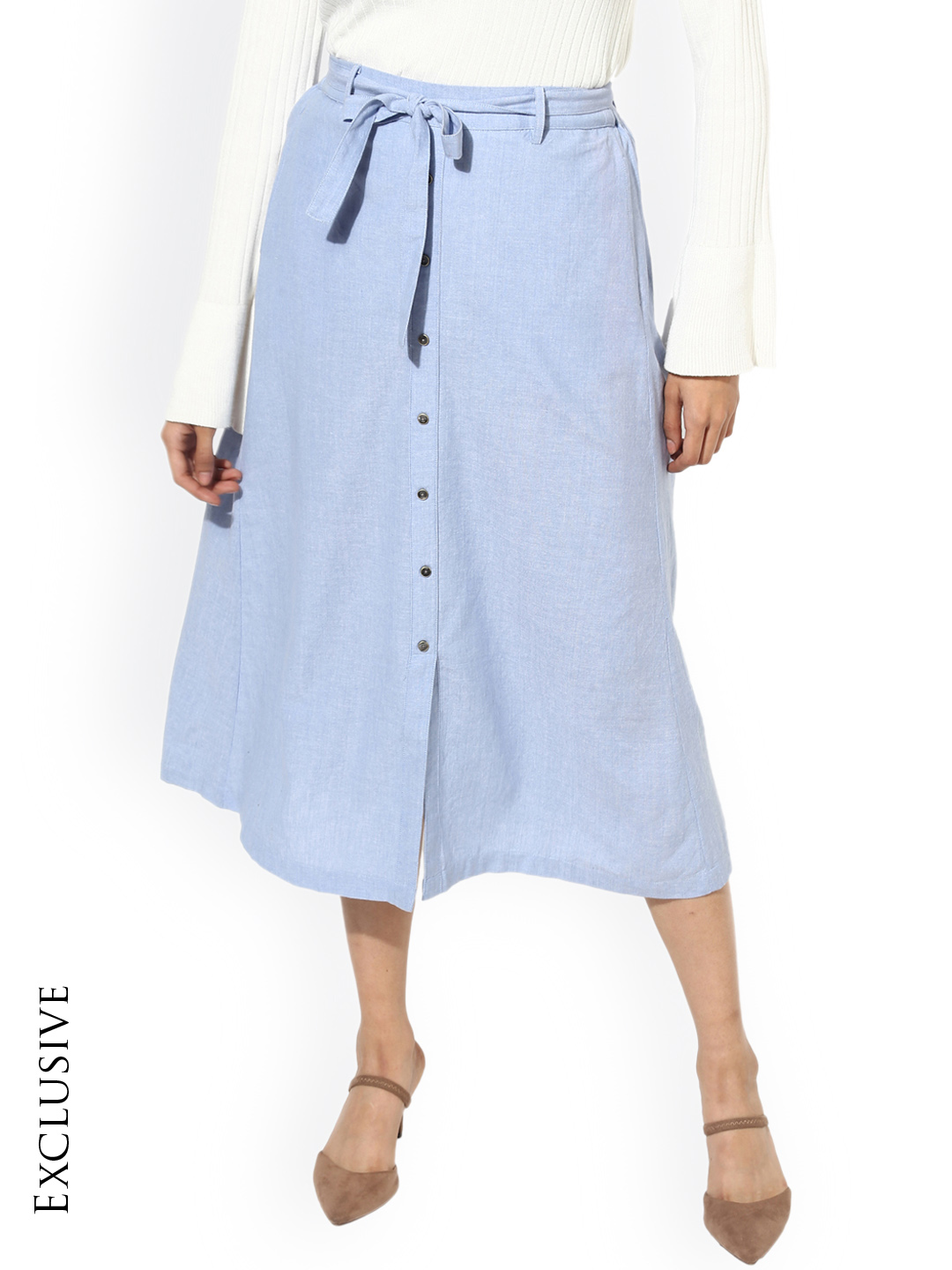 Leo Sansini Women Blue Solid Denim Flared Skirt Price in India