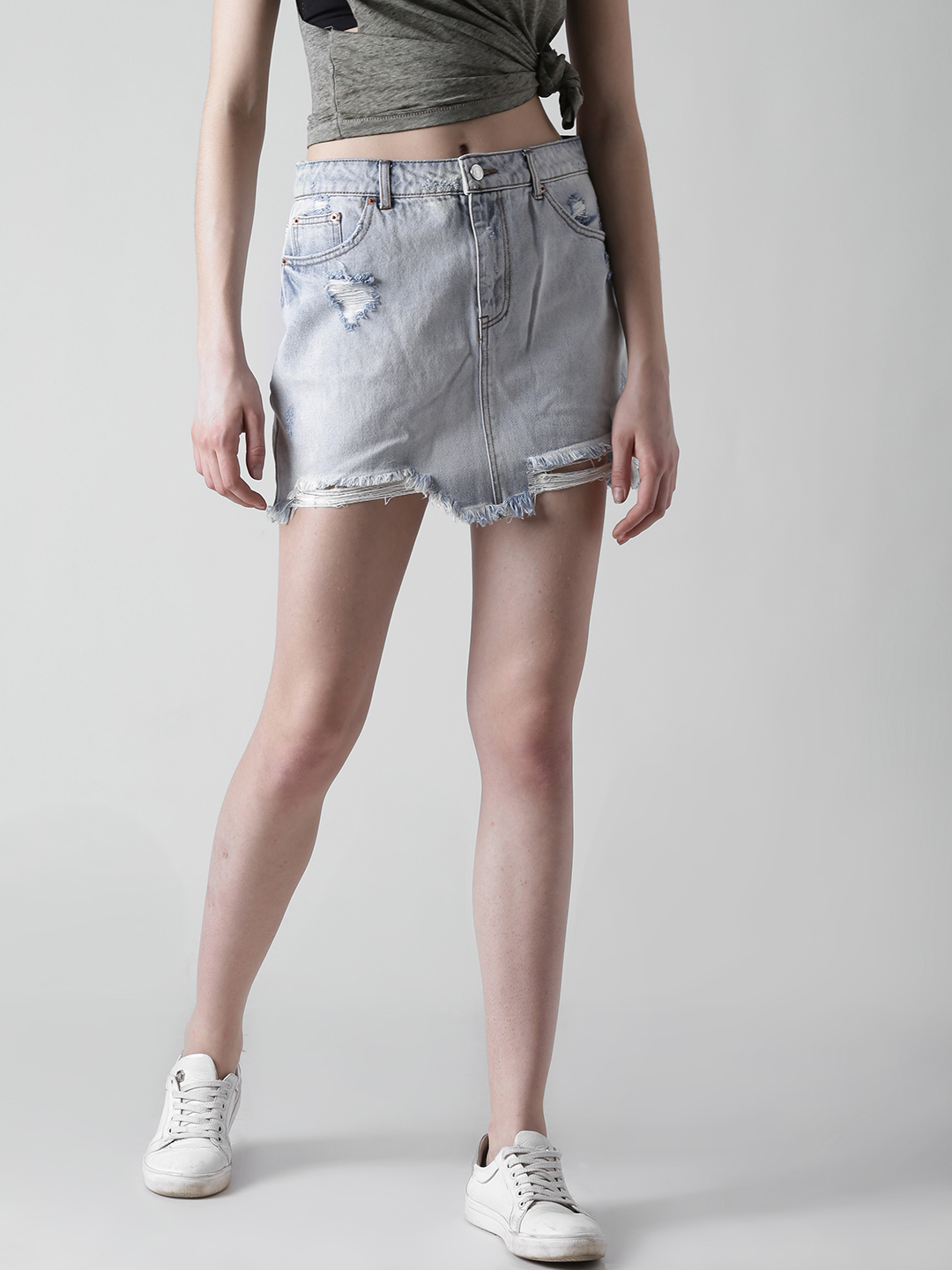 FOREVER 21 Women Blue Washed & Distressed Mini Denim Skirt Price in India