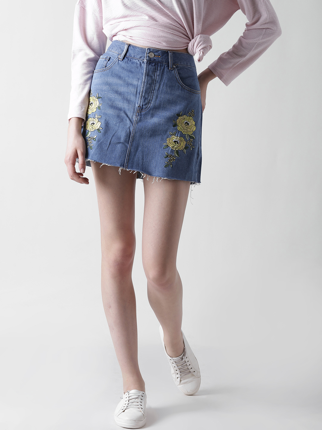 FOREVER 21 Blue Denim Embroidered Detail A-Line Mini Skirt Price in India