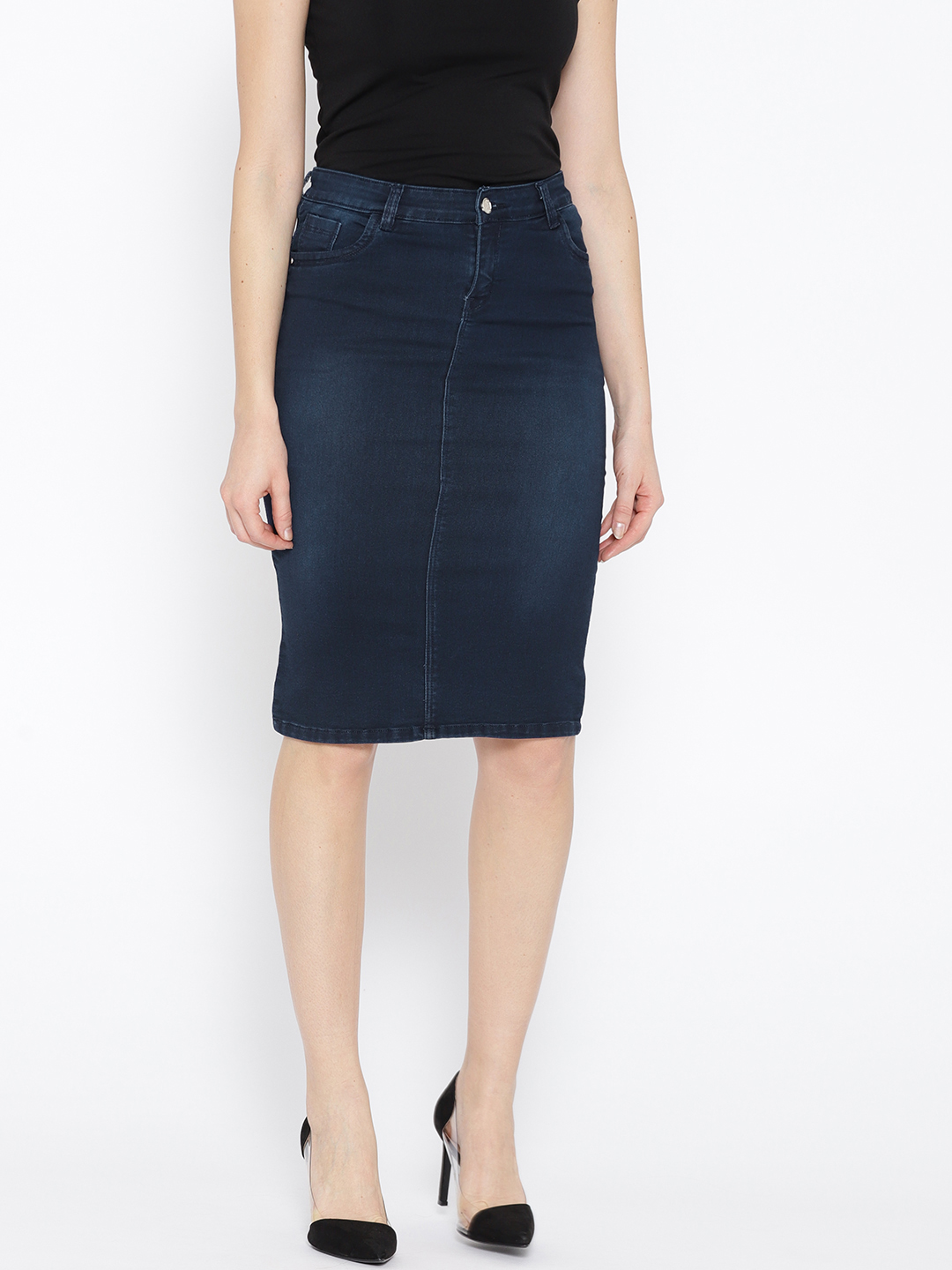 Purple Feather Women Navy Washed Denim Pencil Skirt Price in India