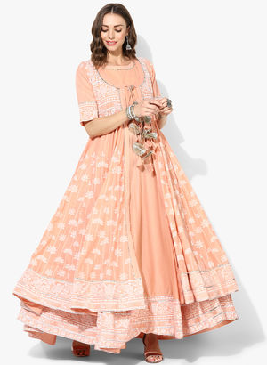 Round Neck  Short Sleeves Layered Anarkali Along White Lotus Khadi Print Panelled Shrug Price in India