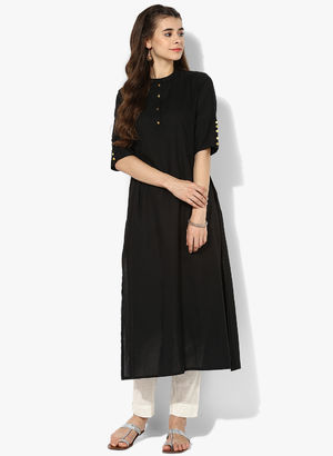 Band Collar 3/4Th Rolled Up Sleeves A Line Kurta With Buttion Detail Price in India