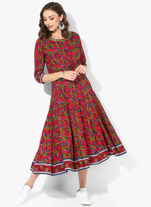 Printed Paneld Round Neck Anarkali With 3/4Th Sleeves And Embroidery Detail Price in India
