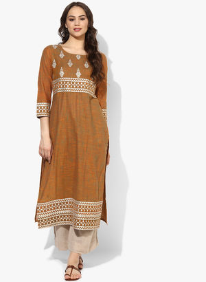 Round Neck 3/4Th Sleeves Yarndyed Embroidered Straight Fit Kurta Price in India
