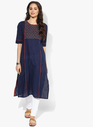 Round Neck Solid Embroidered Kurta With 3/4Th Sleeves Price in India