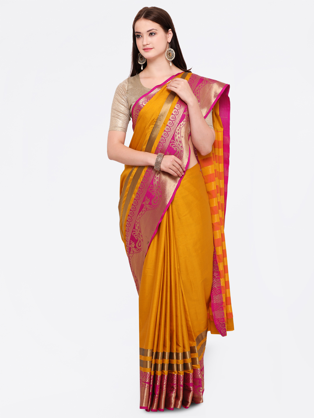 Sugathari Yellow & Pink Silk Blend Woven Design Banarasi Saree Price in India