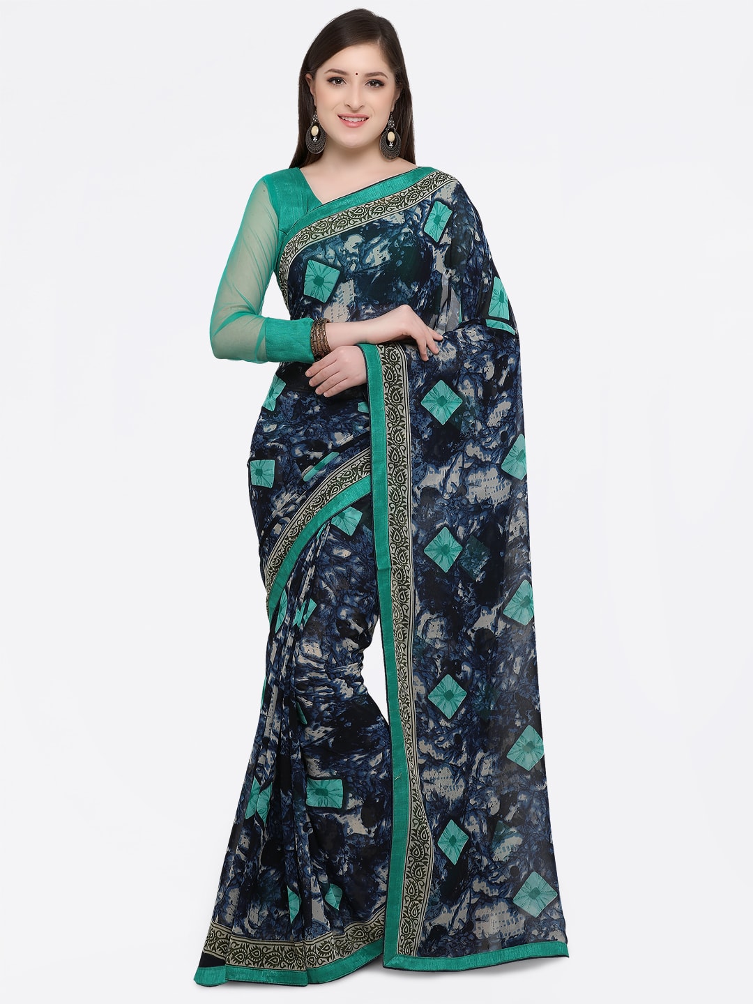 Online Fayda Blue & Green Pure Georgette Printed Saree Price in India