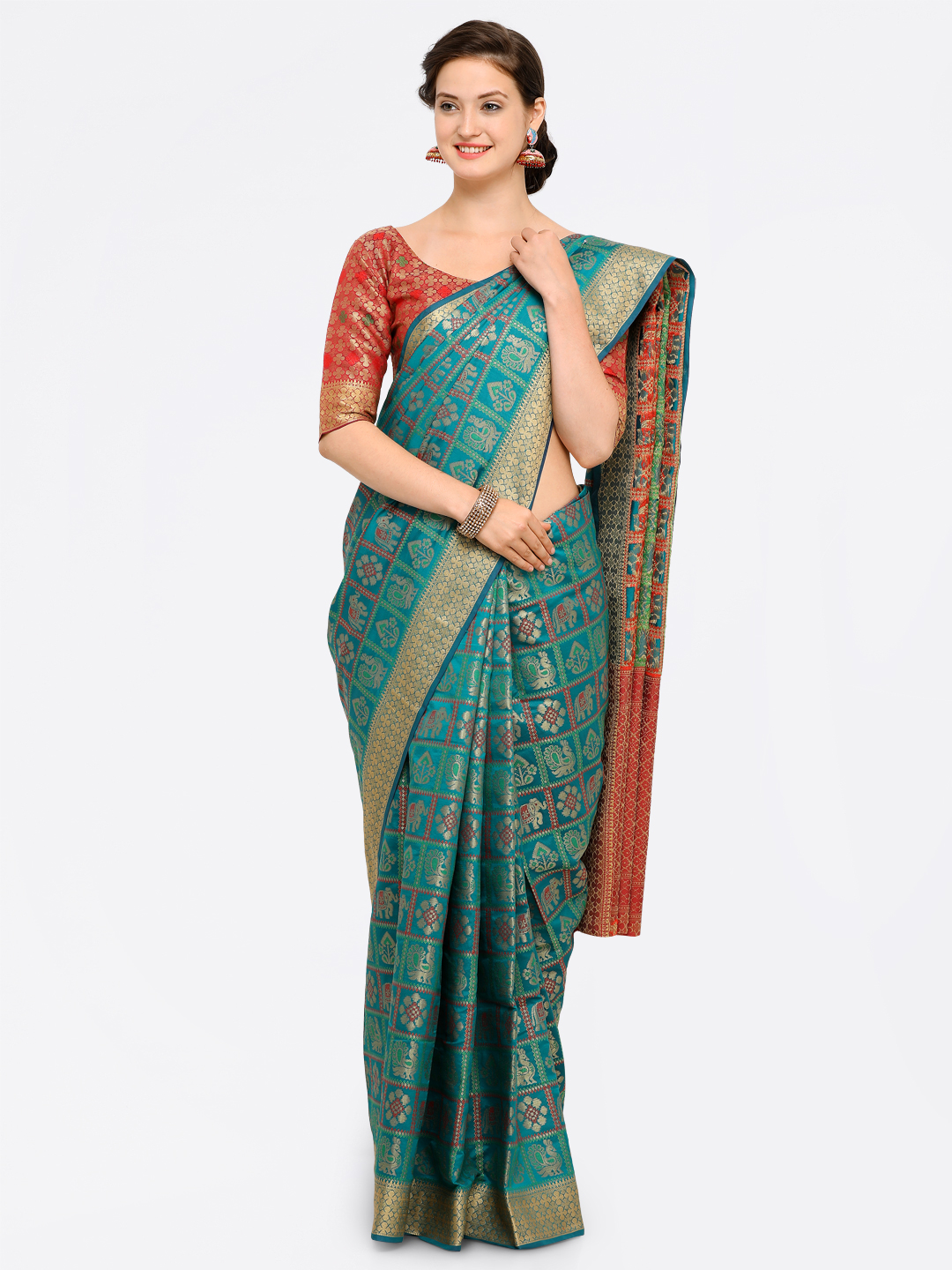 Saree mall Sea Green Silk Blend Woven Design Kanjeevaram Saree Price in India