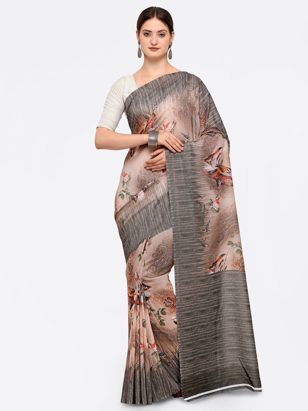 Saree mall Brown & Grey Silk Cotton Printed Saree Price in India