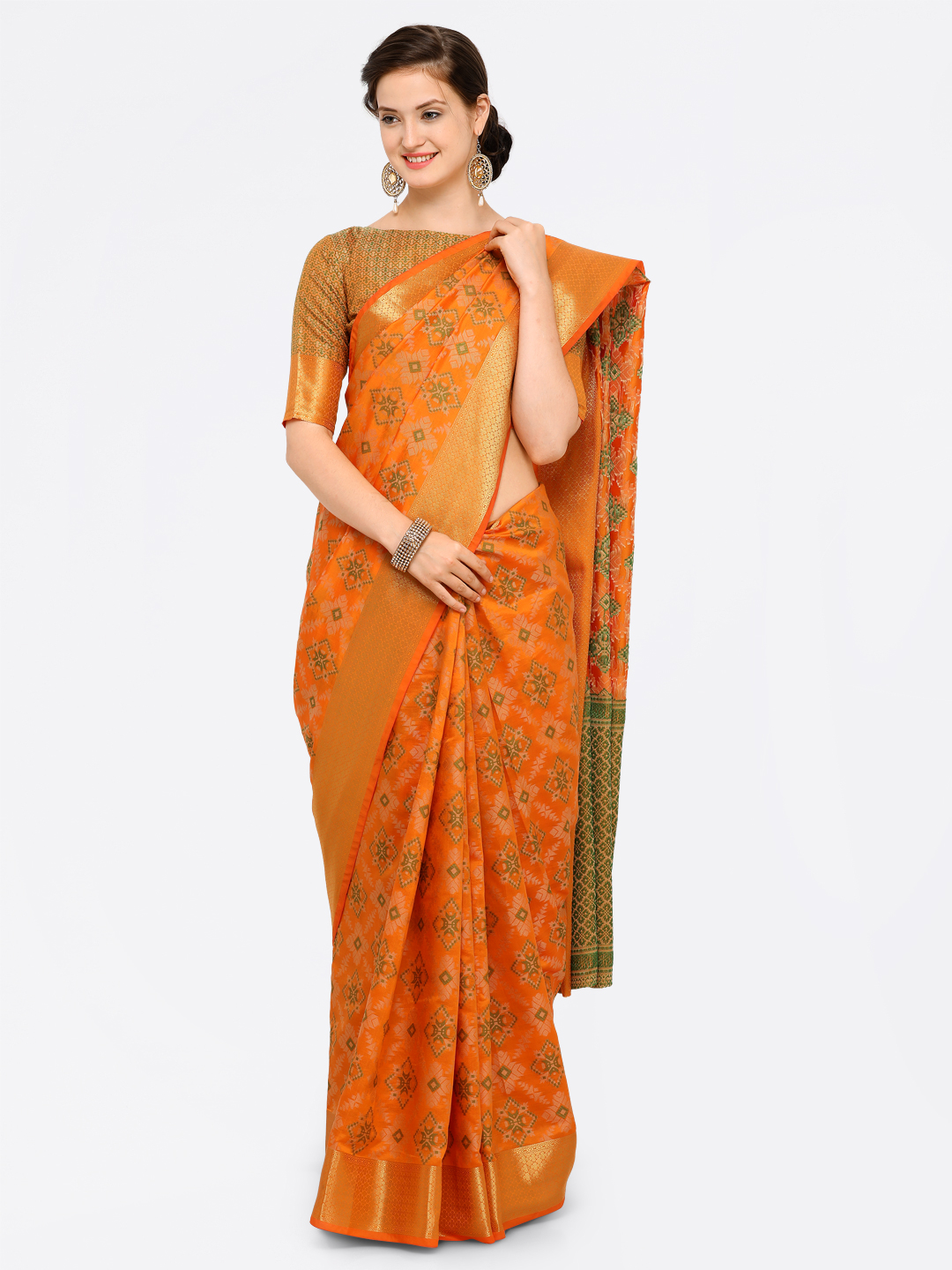 Saree mall Yellow Silk Blend Patola Print Kanjeevaram Saree with Unstitched Blouse Price in India