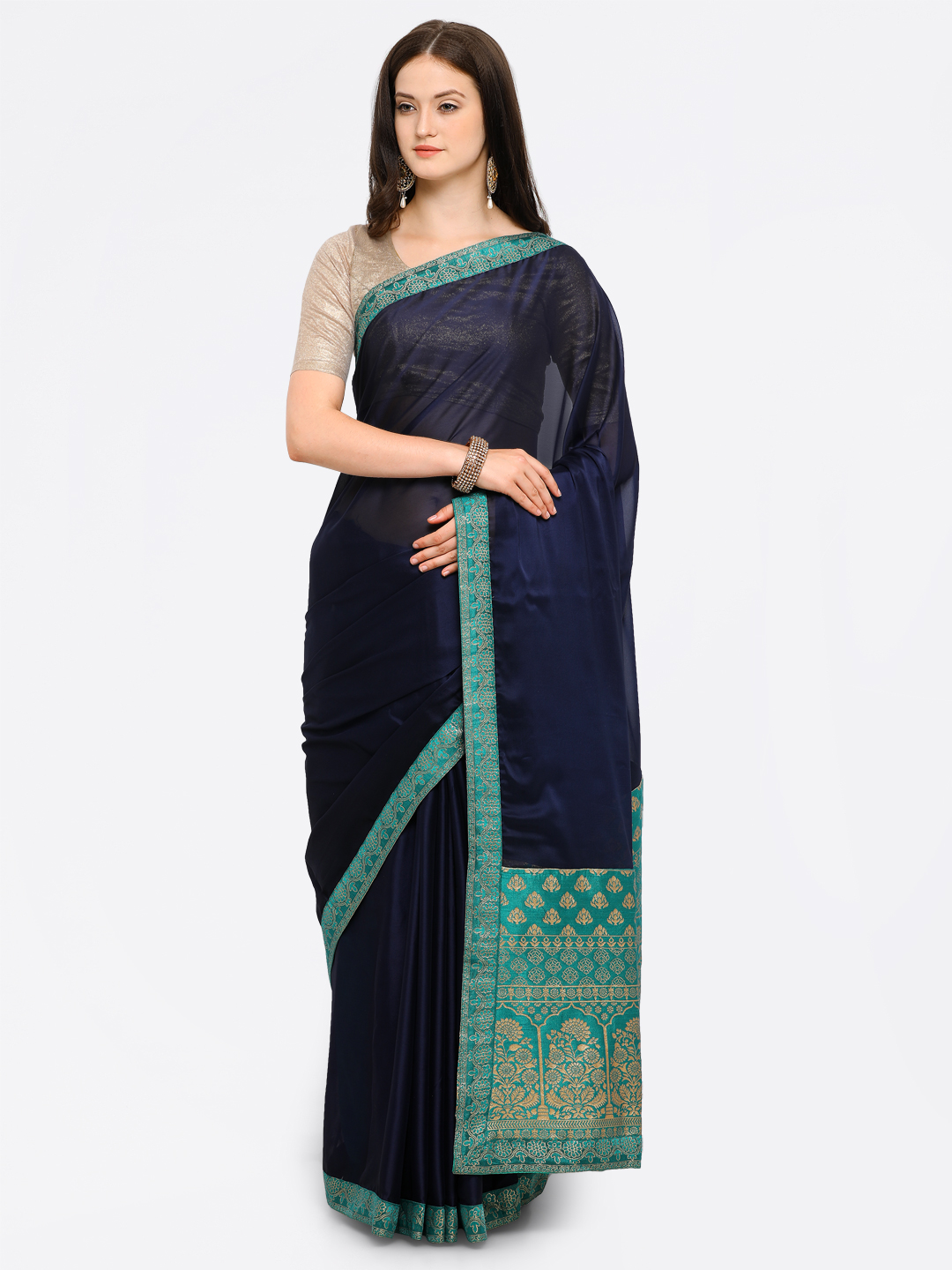 Sugathari Navy Blue & Teal Silk Blend Embellished Saree Price in India
